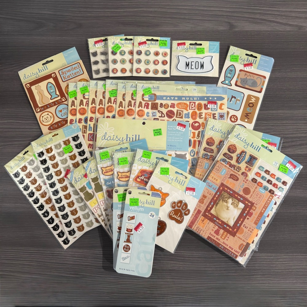 Daisy Hill Cats Meow Scrapbook Lot Stickers Paper Pad Brads Metal Accents 25+pcs